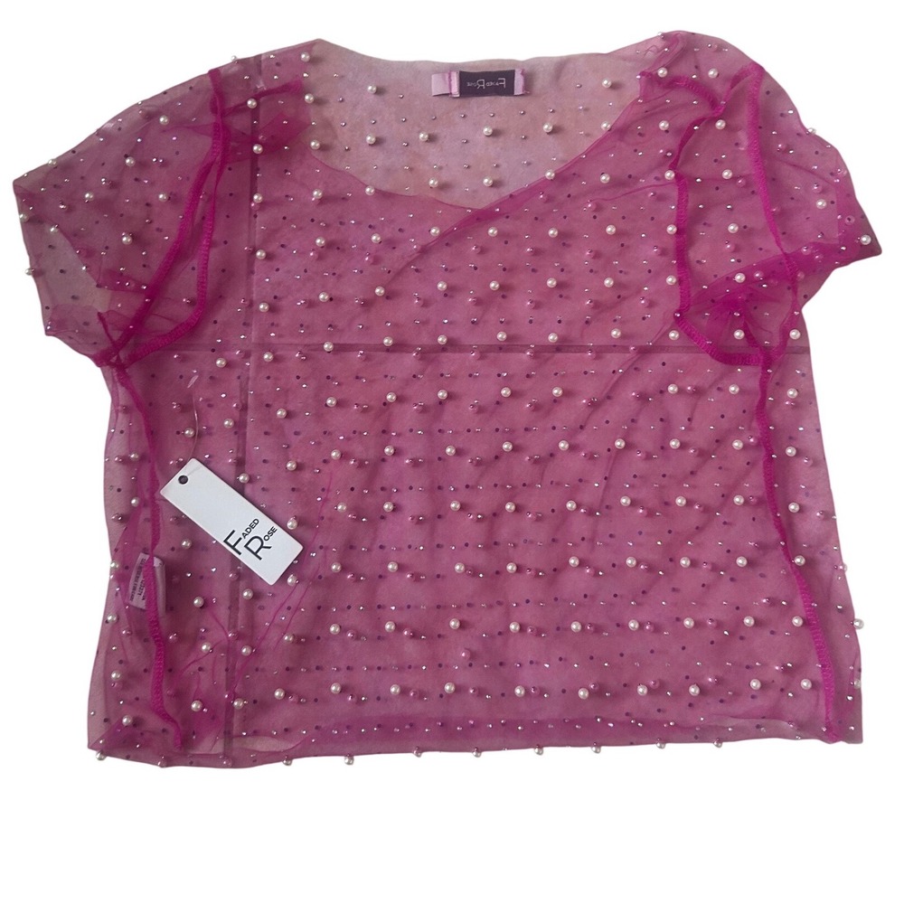 Faded Rose‎ Pink Sheer Mesh Pearl Sequin Embellished Crop Top NWT Large